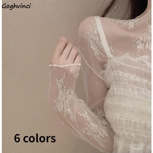 Blouses Women O-Neck Long Sleeve Solid Lace Thin Summer Sexy All-match Korean Elegant Ladies Sheer Tops New Breathable Oversize