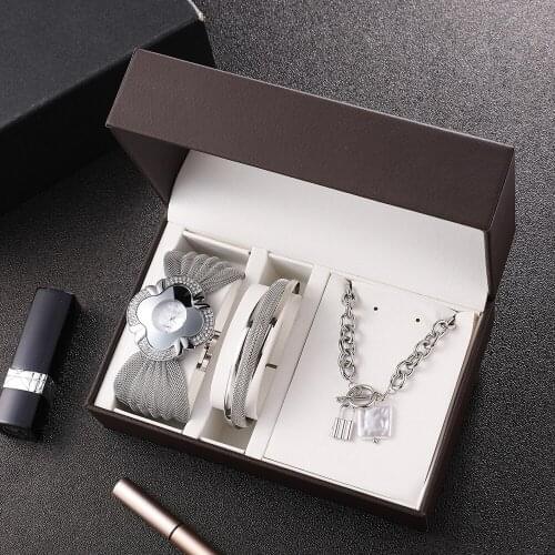 2021 new hip hop watch set gift box 3-piece mesh belt watch alloy bracelet titanium steel shell bracelet