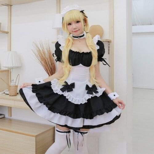 Black White Chocolate Halloween Costumes French Bowknot Puff Sleeve Maid Dress Lolita Girls Amine Cosplay Waitress Uniform