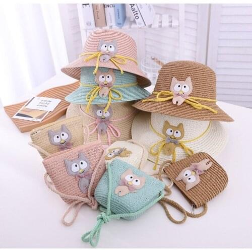 Childrens Straw Hat 2021 New Summer Hat Straw Woven Package Cute Cat Wide-Brimmed Basin Sunscreen Outdoor Beach Sun Hat