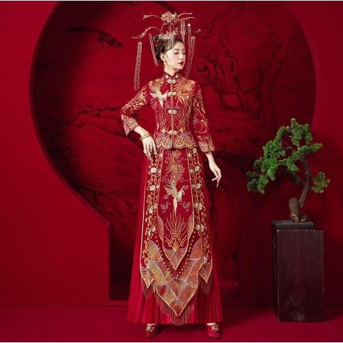 FZSLCYIYI Red Wedding Bride Chinese Style Cheongsam Traditional Long Qipao Embroidery Womens Evening Dress marry Clothes