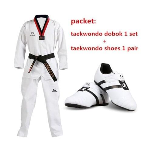 GINGPAI Child Adult Taekwondo Shoes + Taekwondo Dobok+Belt One Set Men Women WTF TKD Karate Wushu Uniforms Sports Accessories