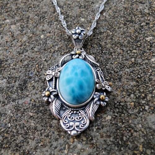 Antique Pendant 925 Silver Blue Natural Dominica Larimar Flower Pendant Necklace in 925 Sterling Silver Jewelry Gift