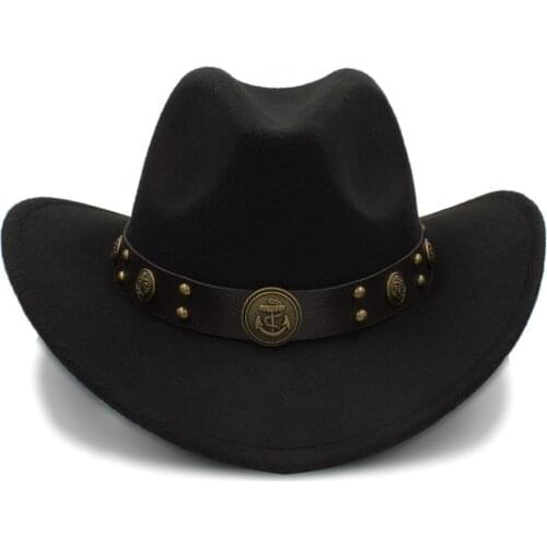 Fashion Dads Men Wool Western Cowboy Hat Roll-up Brim Gentleman Dad Jazz Equestrian Sombrero Hombre Fedora Cap Size 56-58CM