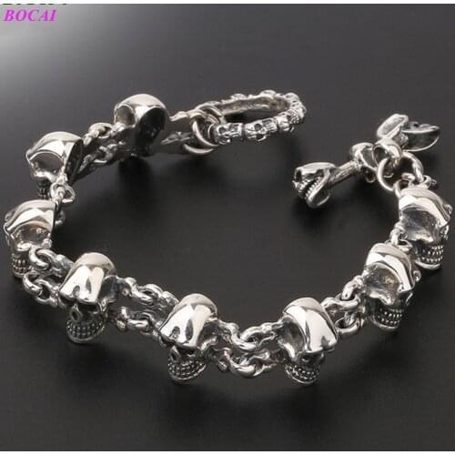 BOCAI s925 sterling silver bracelet for men punk jewelry exaggerated domineering mens bracelet skull head Thai silver bracelet