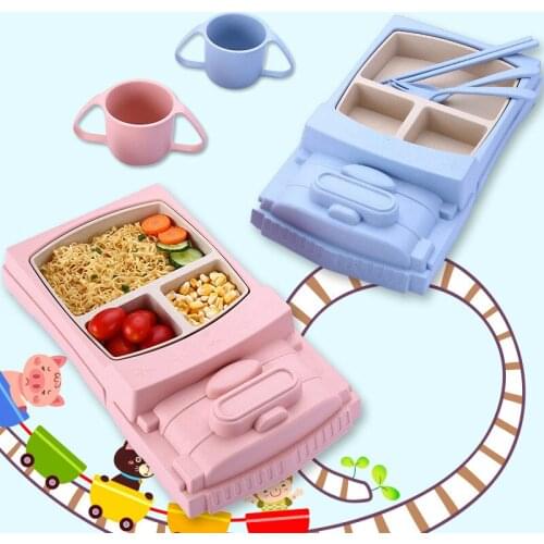Cute Cartoon Childrens Train Cutlery Set Wheat Fiber Baby Feeding Plate Anti Spill Bowl Partition Kids Plate Baby Tableware
