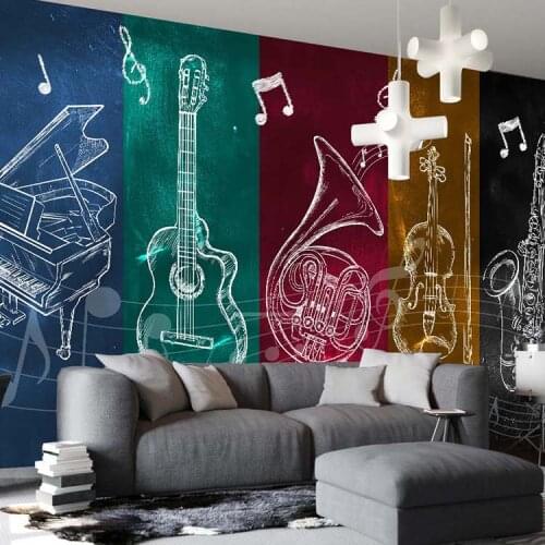 White 8D Papel Mural Musical Instruments 3D Silk Wallpaper Mural for Rock Bar Coffee KTV Background 3d Photo Mural Wall paper