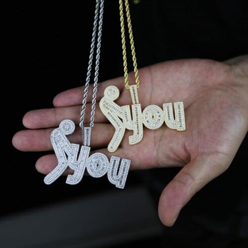 Drop ship gold silver color hip hop necklace with cz paved Letter initial You pendant Long Punk necklace for men boyfriend