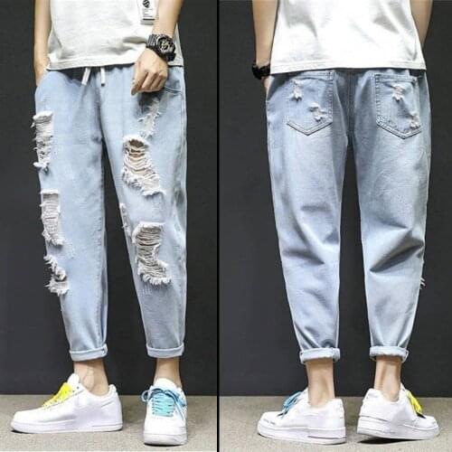 Ripped Jeans Men New Arrival Harem Pants Trendy Streetwear Blue Washed Frayed Hole Jeans Man Clothing 2021 Hombres Jeans Rotos