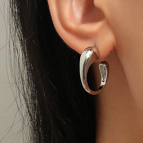 Korean New Geometric Silver Color Metal C Shape Stud Earrings for Women Men Girls Punk Hip Hop Simple Jewelry