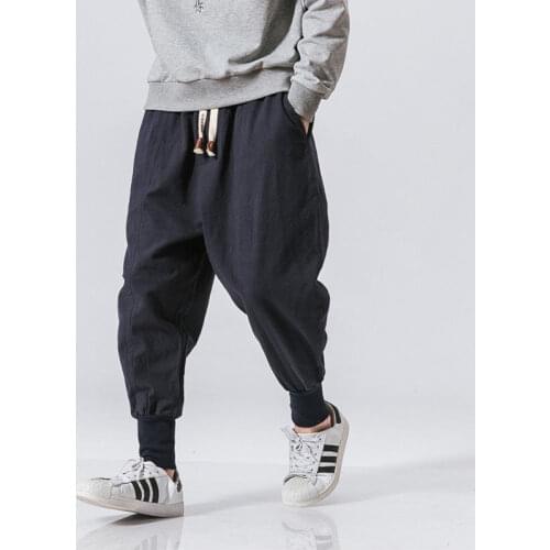 Spring and Autumn Cotton and Linen Ankle-Tied Harem Pants Mens Large Size Tight Leg Loose Wide-Leg Trendy Retro Casual Pants