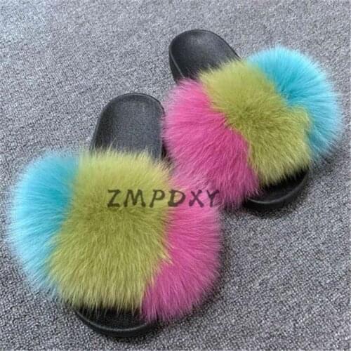 Kids/Childrens Real Fox Fur Slides Womens Fluffy Raccoon fur Slippers Ladies Rainbow Open toe Sandals Female Fluffy Flip Flops
