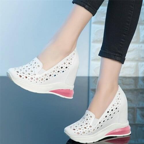 New Platform Pumps Shoes Women Hollow Genuine Leather Wedges High Heel Ankle Boots Female Round Toe Fashion Sneakers Casual Shoe