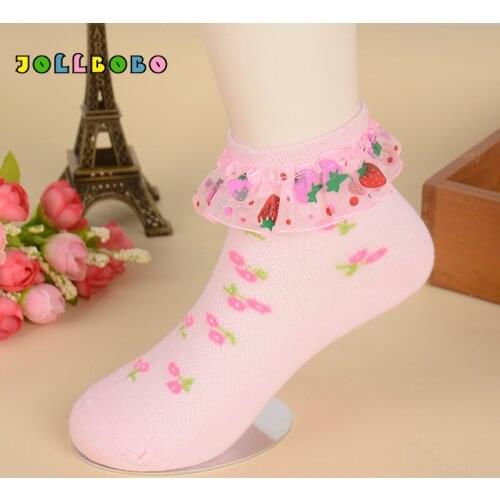 Spring Summer Girls Socks for Children 2-12Y Lace Ruffle Strawberry Cherry Breathable Ankle Short Socks School Girl White Pink