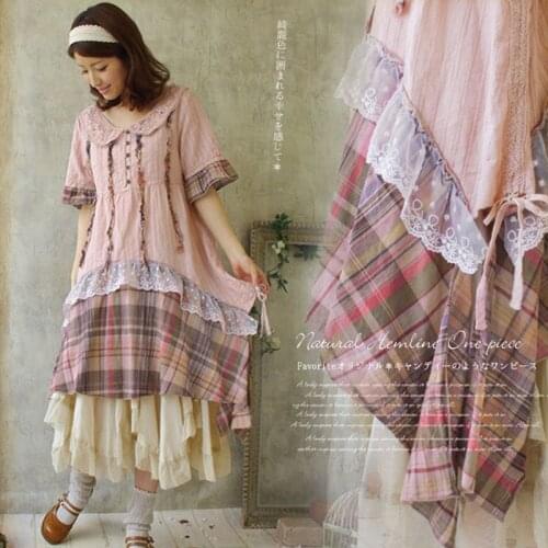 Japanese Mori Girl Sweet Dress Womens Peter Pan Collar Cotton Lace Short Sleeved Patchwork Tie Female Lovely Midi Dresses A088