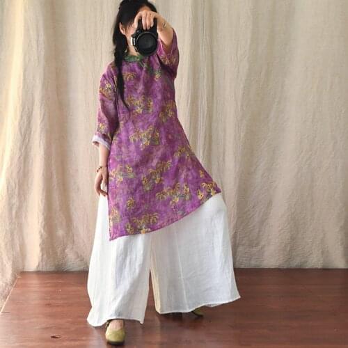 2021 Women T shirt Cotton Linen Spring Autumn Printing Buckle Vintage Print Half Sleeve Casual Fashion Women Long Tops