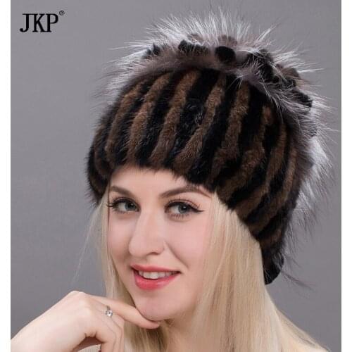 Real mink Fur Hat For Women With Rex Rabbit Fur Flowers Top 2020 Russia Style Fox Fur Cap Fashion Knit mink fur Beanies DHY-20