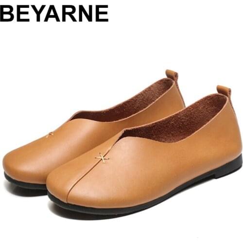 BEYARNE2019 New Spring/autumn Retro Handmade Shallow Soft Sole Casual Round Toe Loafers Women Genuine Leather Flats ShoesE853