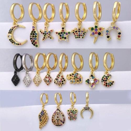 1 piece Small Hoop Earrings Women Gold Color Geometric Elephant Moon Crown Star Flower Wing CZ Rainbow Jewelry Kid Hoops Bean