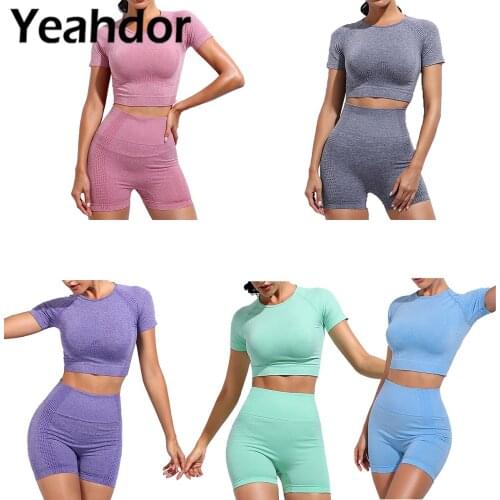 Womens Yoga Outfits Running Dance Fitness Set Workout Gym Sweat Suit Round Neck Short Sleeve Crop Top with Shorts Dancewear