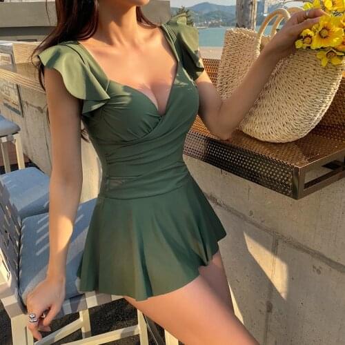 2021 Women One Piece Swimsuit Solid Sexy Swimwear Swim Skirt Summer Beach Wear Korean Style Bathing Suit Maillot De Bain Femme