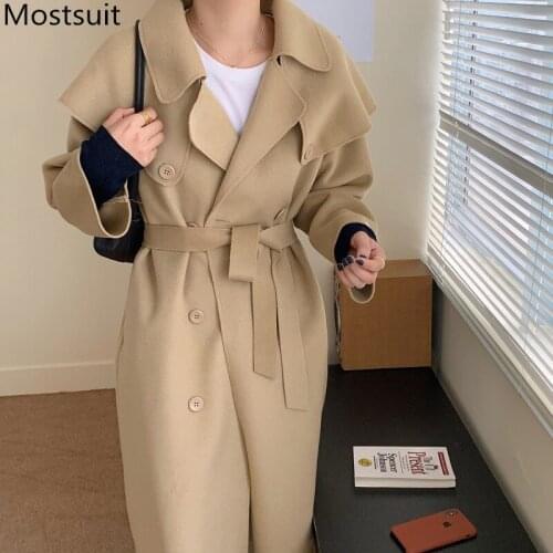 Winter Double-breasted Belted Woolen Coats Women Cloak Style Turn-down Collar Pockets Female Overcoats Vintage Blend Coat Femme
