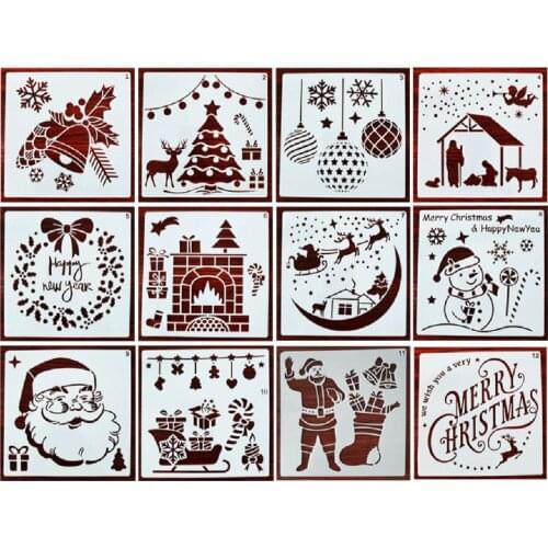 12 Pieces Christmas Stencils Template Reusable Plastic Craft for Art Drawing Pai