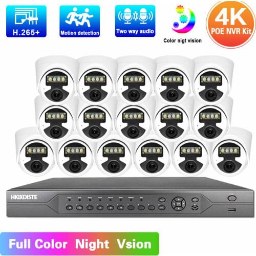 16CH 4K POE NVR Kit H.265 8MP Color Night Vision 2 Way Audio Indoor IP Dome Camera Security Surveillance System Set 16 Channel