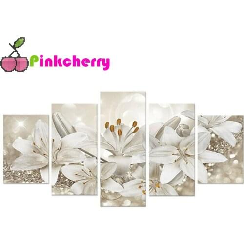 5 Panel White lily flower DIY diamond embroidery full square round diamond painting cross stitch kit 5D mosaic stickers k631