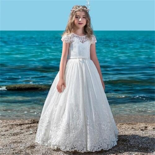 White Flower Girl Dress Tulle Appliques For Wedding Sleeveless Long First Holy Communion Birthday Party Dresses For Little Girl