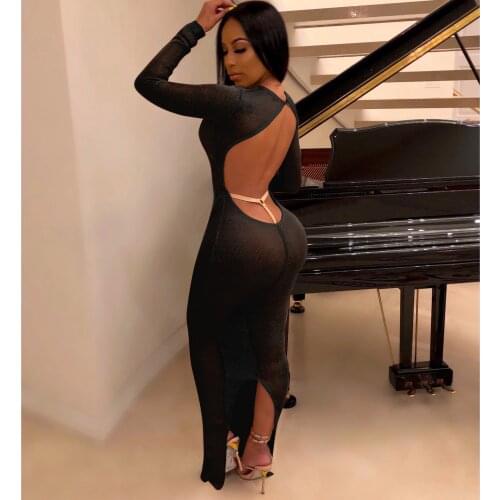 BKLD Sexy Bodycon Dress 2019 Fall Fashion Women Black Long Sleeve Dress Elegant Backless Clubwear Party Long Dress Women