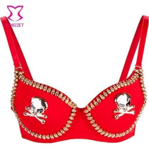 Corzzet Skull Punk Bra Red&Black Metallic Gathers Punk Spike Studs Rivet Bra Push Up Bra Stage Show