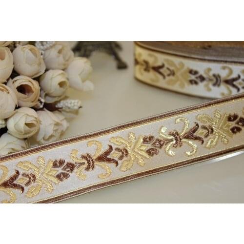 33mm wide 8yards Polyester folk style flowers with gold thread Woven Jacquard Ribbon