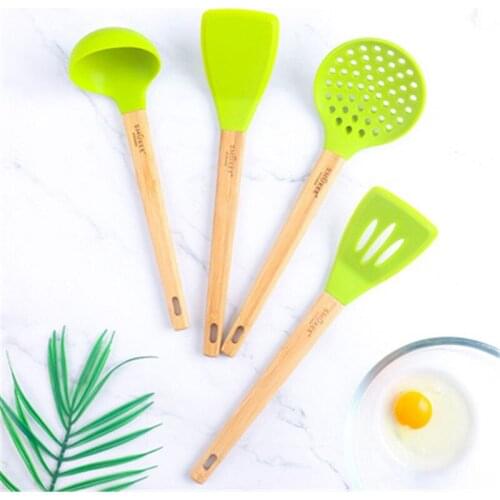 Wooden Handle Silicone Kitchen Utensils Set Cooking Tools Kit Spoon Soup Ladle Turner Spatula Tong Cookware Baking Gadget Goods