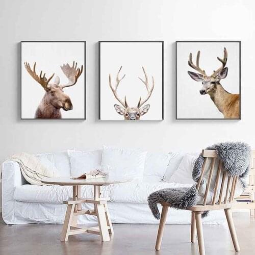 Nursery Moose Deer Canvas Painting Kawaii Wall Art Animal Poster Print Nordic Woodland Picture Kids Baby Girls Room Home Decor