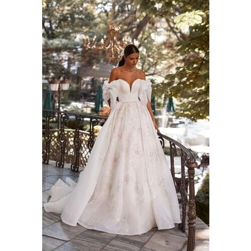 Elegant 2021 Wedding Dresses Bridal Gowns Off The Shoulder Appliqued Ruffles Sleeve Sequined Ivory Lace Turke Robe De Mariage