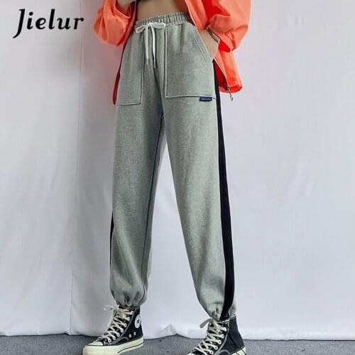 Jielur Kpop Casual Sport Pants Women Pockets Side Stripe Jogger Loose Harem Pants Young Female Black Drawstring Women Trousers