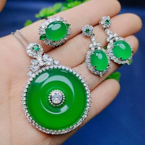 Natural Green Jade Necklace Earrings Ring Jewelry Set Women Genuine Chrysoprase Charms Round Pendant Chalcedony Amulet Gifts
