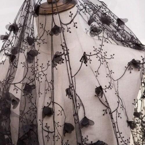 Fashion Black Three-dimensional Embroidered Tulle Dress Wedding Fabric, by Sale the Meter, White, Red, Yellow, Blue and Pink