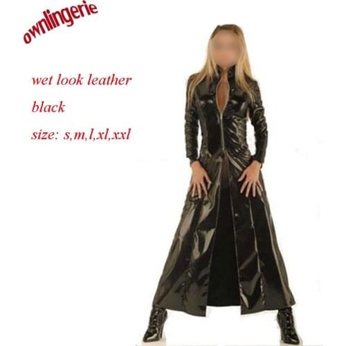 Free Shipping Wetlook Leather PVC Sheathy Coat Autumn winter black Pu Leather coat men Slim Long jacket leather trench coats