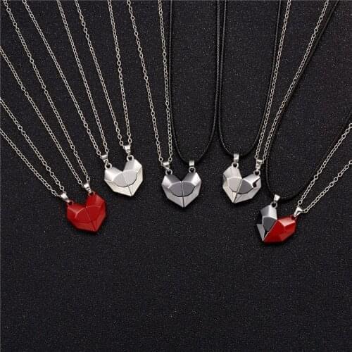 2Pcs/Lot Magnetic Couple Necklace Lovers Heart Pendant Distance Faceted Charm Necklace Women Valentines Day Gift