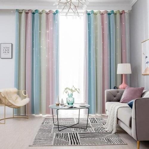 100x250CM Romantic Rainbow Color Sheer Curtain Hollowed Star Soft Surface Breathable Bedroom Full Blackout Curtain Home Decor
