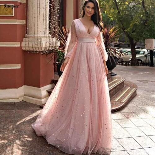 Pink Glitter Tulle Prom Dresses Long Sleeves A-Line Evening Dress Sexy Plunging V-Neckline Prom Gowns vestido de fiesta de boda
