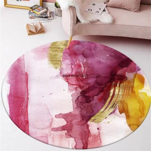 Pink Abstract Ink Painting on Modern Round Floor Mat for Girls Bedroom with Round Rug Next To The Carpet