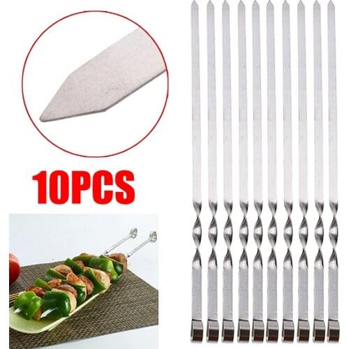 10pcs 50cm Stainless Steel Long Barbecue Kebab Food Meat Large Flat Skewers Set Outdoor Garden Grill Barbecue Accessories