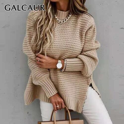GALCAUR Loose Solid Sweater Female Clothing Turtleneck Long Sleeve Casual Knitting Pullover For Women 2021 Korean Fashion New
