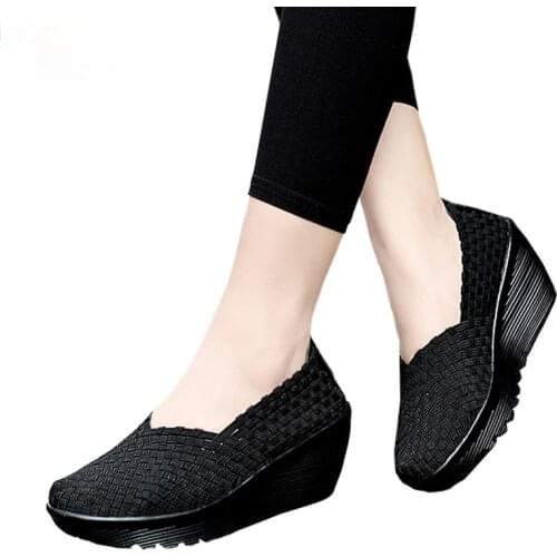 Akexiya 2021 New Breathable Casual Women Shoes Loafers Platform Wedges Shoes Handmade Elastic Woven Slip on Nylon High 5cm-8cm