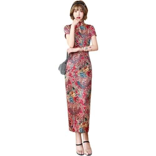 Summer Dress Women Cheongsam Floral Print Slim Short Sleeve Splits Midi Dress for Party платье 2021 Summer party