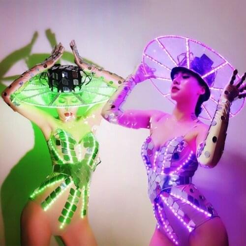 Woman Change Color LED Dress Luminous Hat Light Up Ladies Gogo Dance Outfit DS Suit Costume Performance Clubwear Party Copslay