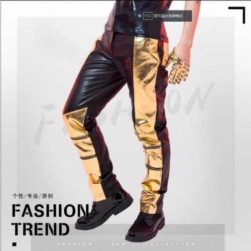 27-38 New Men Plus Size Pants Patchwork Bright Leather Pants Ds Slim Leather Pants Jazz Dance Trouser Male Stage Singer Costumes